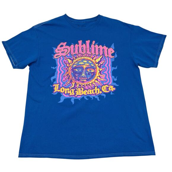 Sublime Mens Long Beach CA Blue Neon Sun Face Graphic Retro Rock Band T-Shirt - Picture 1 of 8